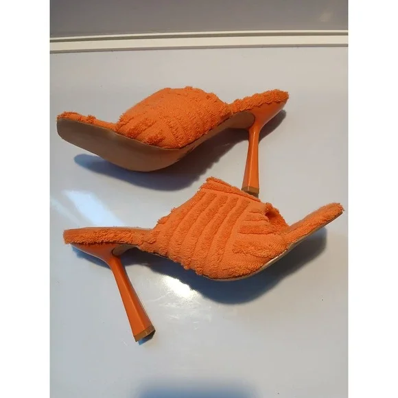 LIAYANA Orange Terry Cloth Open Toe Square Toe Heels Women Size 9 - Picture 7 of 9
